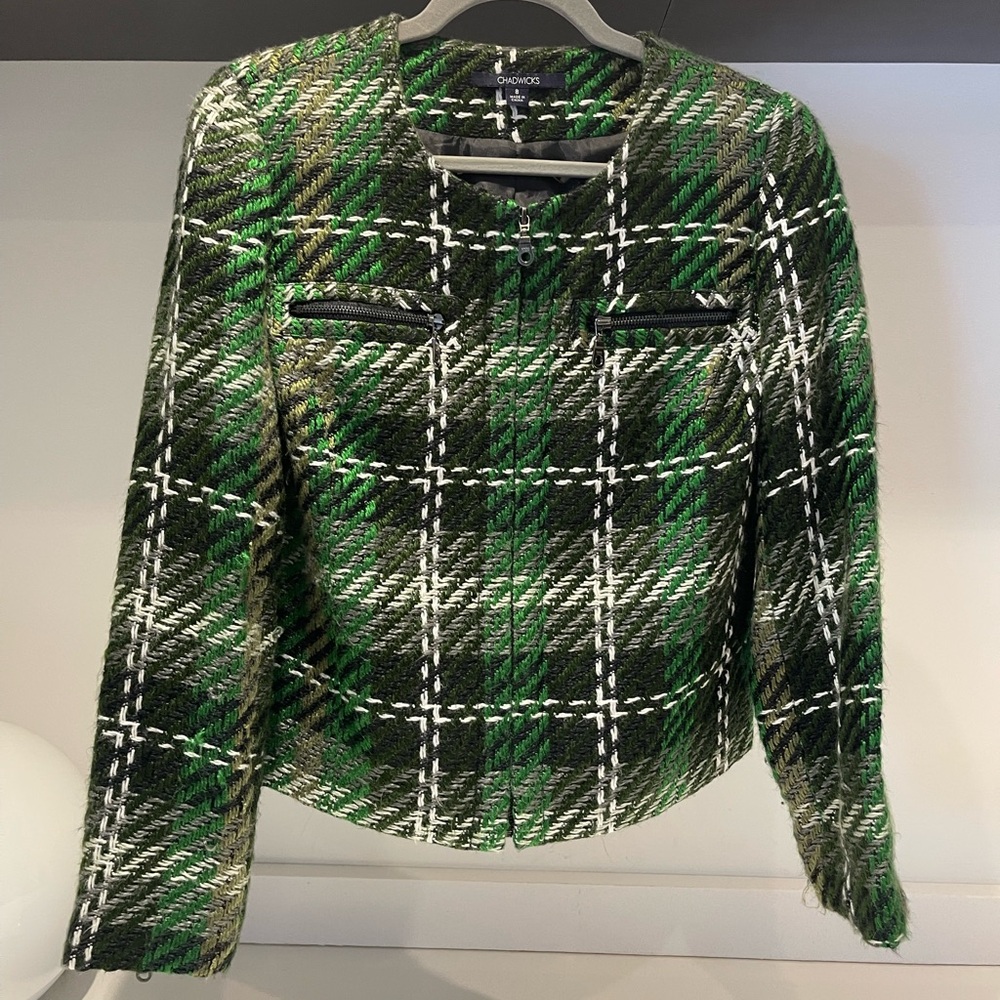 Chadwicks Women luxe tweed Plaid Acrylic Blazer green Zip‎ Jacket Sz:8 EUC